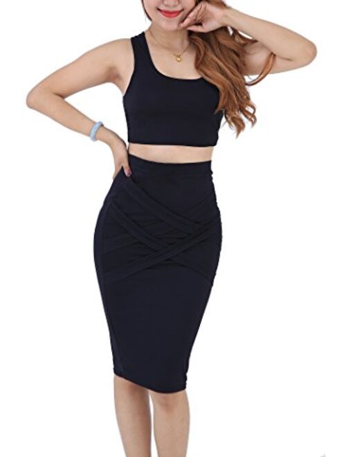 YMING Womens Bodycon Two Piece Outfits Crop Top Dress Bandage Club Dress