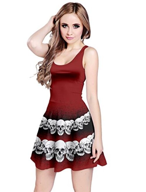 CowCow Womens Sugar Skull Flowers Floral Skeleton Mexican Day of Dead Roses Sleeveless Skater Dress