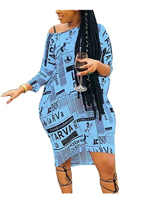 Women's Summer Sexy News Paper Print Off The Shoulder Short Sleeve Midi Party Dress