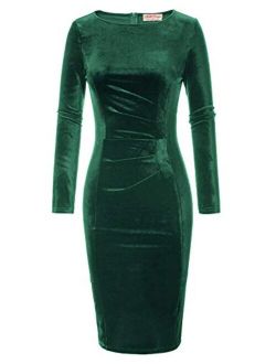 Women's Long Sleeve Soft Velvet Pleated Crossover Bodycon Pencil Dress