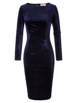 Women's Long Sleeve Soft Velvet Pleated Crossover Bodycon Pencil Dress