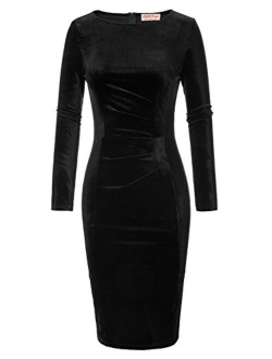 Women's Long Sleeve Soft Velvet Pleated Crossover Bodycon Pencil Dress