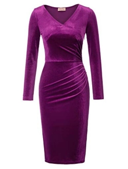 Women's Long Sleeve Soft Velvet Pleated Crossover Bodycon Pencil Dress