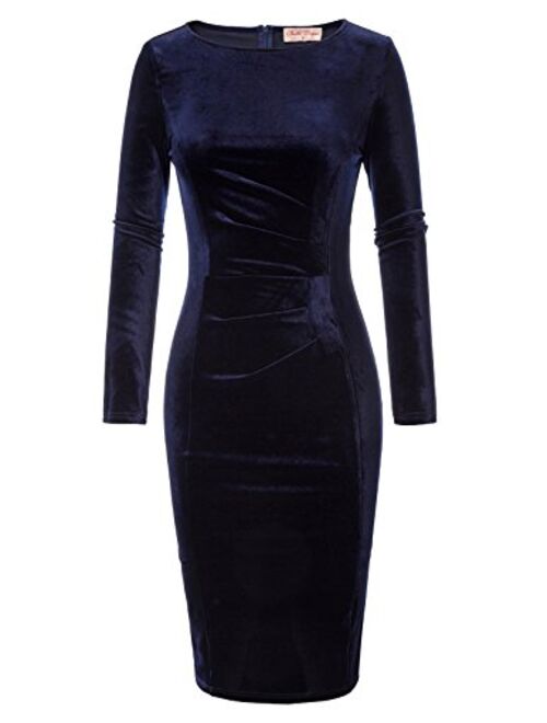 Belle Poque Women's Long Sleeve Soft Velvet Pleated Crossover Bodycon Pencil Dress