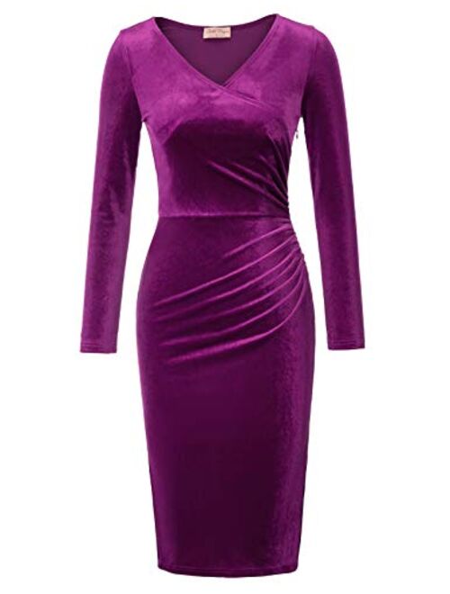 Belle Poque Women's Long Sleeve Soft Velvet Pleated Crossover Bodycon Pencil Dress