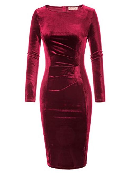 Belle Poque Women's Long Sleeve Soft Velvet Pleated Crossover Bodycon Pencil Dress