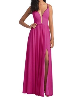 AiniDress Burgundy Bridesmaid Dresses Long,Simple Bridesmaid Dresses with Slit for Women,Spaghetti Straps Prom Dresses