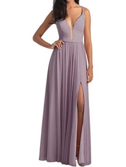 AiniDress Burgundy Bridesmaid Dresses Long,Simple Bridesmaid Dresses with Slit for Women,Spaghetti Straps Prom Dresses