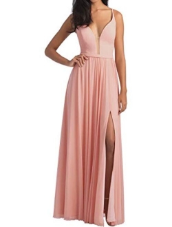 AiniDress Burgundy Bridesmaid Dresses Long,Simple Bridesmaid Dresses with Slit for Women,Spaghetti Straps Prom Dresses