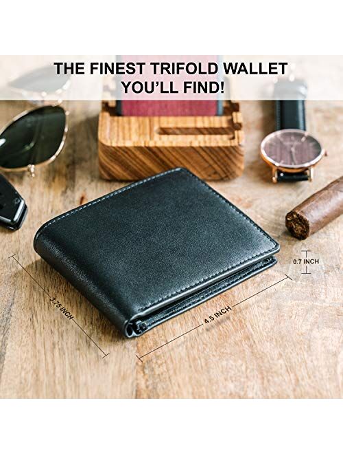 Stay Fine Mens RFID Trifold Wallet | Leather Wallets For Men RFID Blocking | Genuine Leather | Extra Capacity Mens Wallet