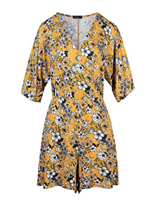 Dolcevida Womens Summer Floral Rompers V Neck Short Jumpsuits Bell Sleeve Playsuit