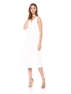 Women's Sleeveless V Neck Midi Dress with Self Sash Waist