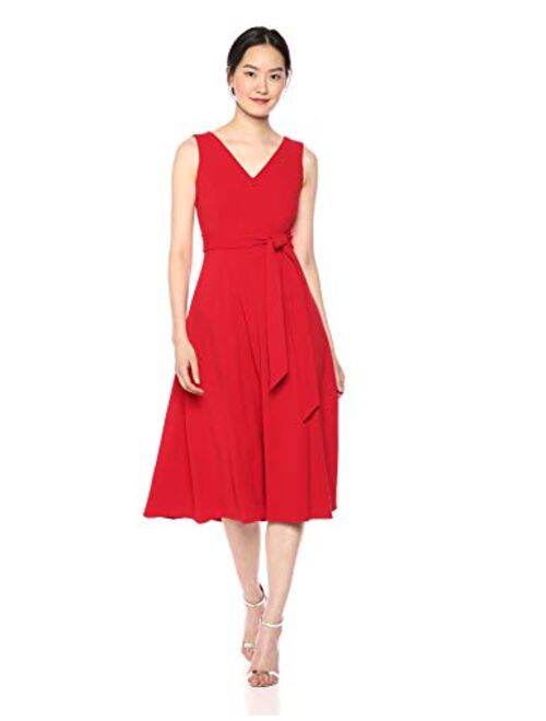 Calvin Klein Women's Sleeveless V Neck Midi Dress with Self Sash Waist