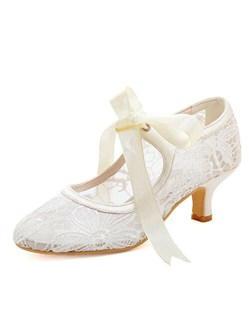 ElegantPark Lace Wedding Shoes Closed Toe Bridal Shoes Women Mary Jane Low Heels Pumps Wedding Dress Shoes