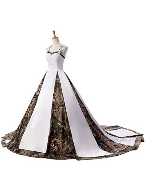 ZVOCY Women's Camouflage Wedding Dresses for Bride Satin Camo Long Formal Gown for Wedding White