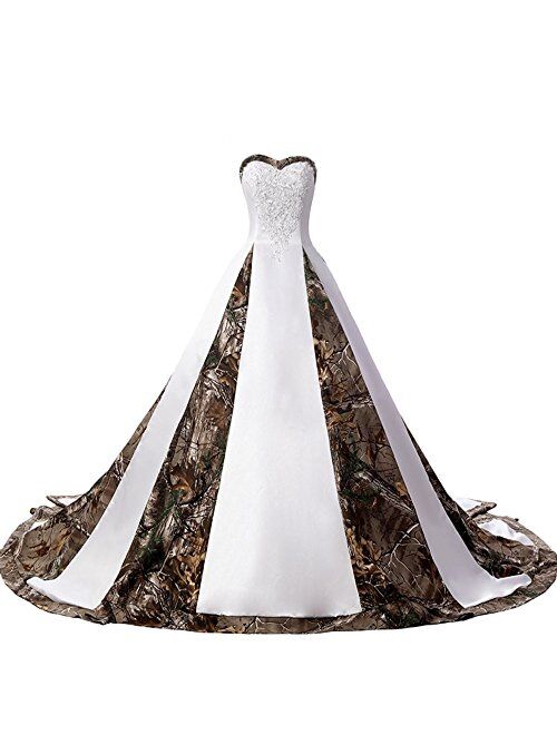 ZVOCY Women's Camouflage Wedding Dresses for Bride Satin Camo Long Formal Gown for Wedding White