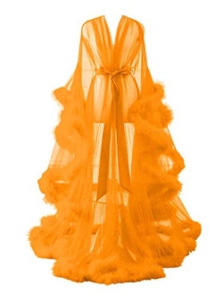 Changuan Sexy Illusion Long Lingerie Robe Nightgown Bathrobe Sleepwear Feather Bridal Robe Wedding Scarf
