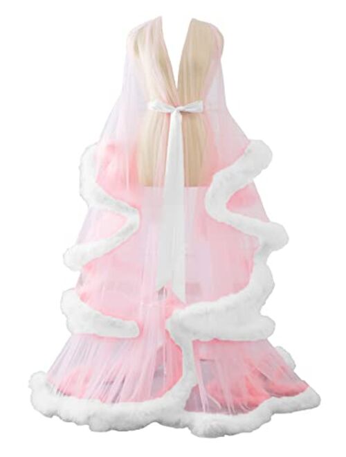 Changuan Sexy Illusion Long Lingerie Robe Nightgown Bathrobe Sleepwear Feather Bridal Robe Wedding Scarf