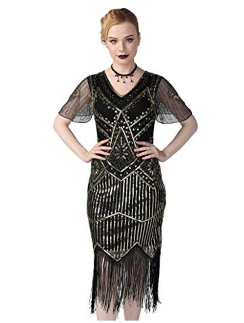 PrettyGuide Women's 1920s Flapper Dress Short Sleeve Glitter Sequin Inspired Fringed Party Cocktail Dresses