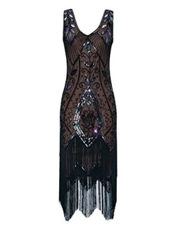 Radtengle Women's 1920s Flapper Dress V Neck Fringe Beaded Great Gatsby Party Dress