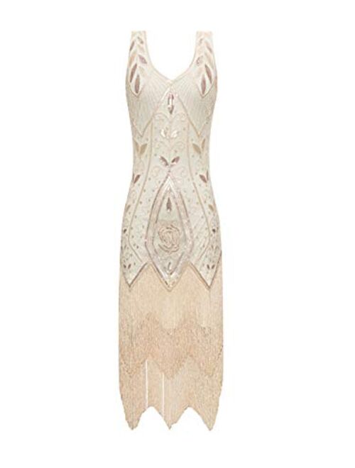 Radtengle Women's 1920s Flapper Dress V Neck Fringe Beaded Great Gatsby Party Dress