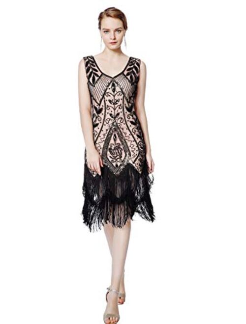 Radtengle Women's 1920s Flapper Dress V Neck Fringe Beaded Great Gatsby Party Dress