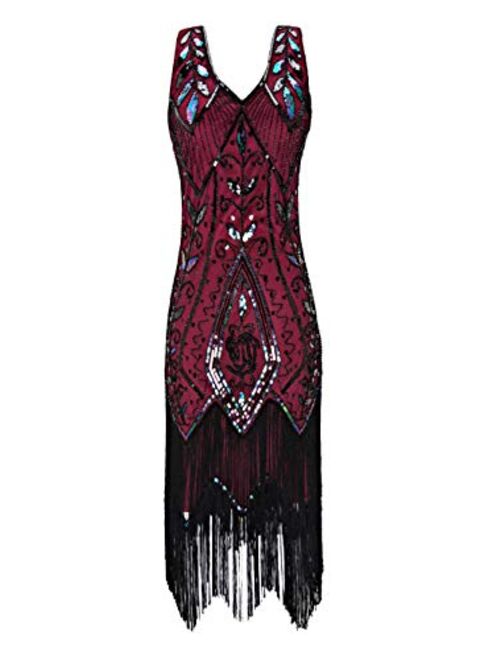 Radtengle Women's 1920s Flapper Dress V Neck Fringe Beaded Great Gatsby Party Dress