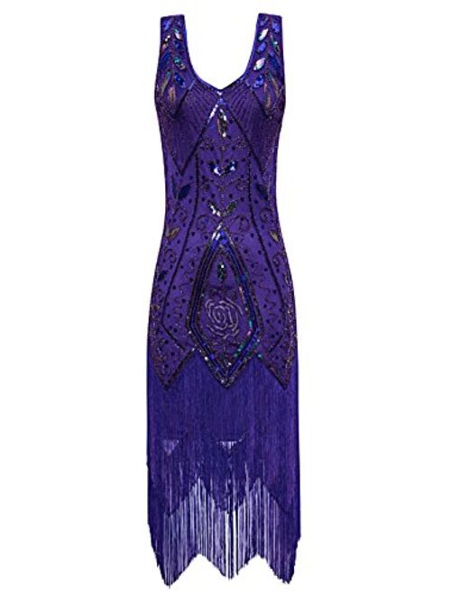 Radtengle Women's 1920s Flapper Dress V Neck Fringe Beaded Great Gatsby Party Dress