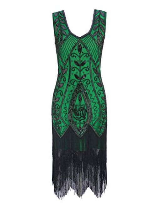 Radtengle Women's 1920s Flapper Dress V Neck Fringe Beaded Great Gatsby Party Dress