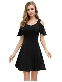 JASAMBAC Women's Cold Shoulder Ruffle Sleeve A-line Skater Dress Cocktail Party Dress