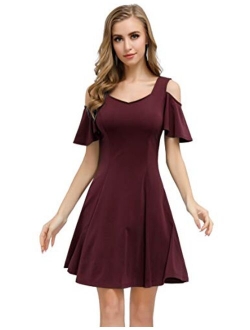 JASAMBAC Women's Cold Shoulder Ruffle Sleeve A-line Skater Dress Cocktail Party Dress