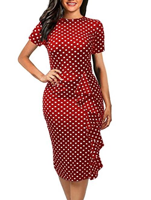 Naive Shine Women's Short Sleeve Retro Polka Dot Office Bodycon Pencil Dress