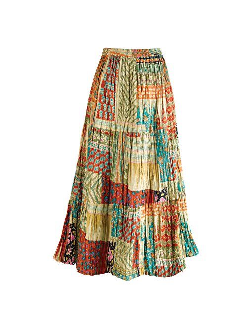 Women's Long Reversible Peasant Skirt - Boho Floral Green/Gold Cotton Maxi Skirt