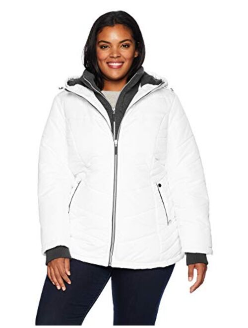 Details Women's Plus Size Thigh-Length Puffer Jacket with Sweatshirt Bib