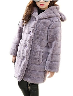 Girl's Long Warm Faux Fur Coat Thicken Fake Fox Hooded Front Button Jacket