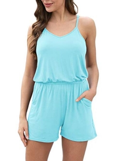 LAOLASI Women's Summer Loose V Neck Spaghetti Strap Short Jumpsuit Cami Rompers with Pocket