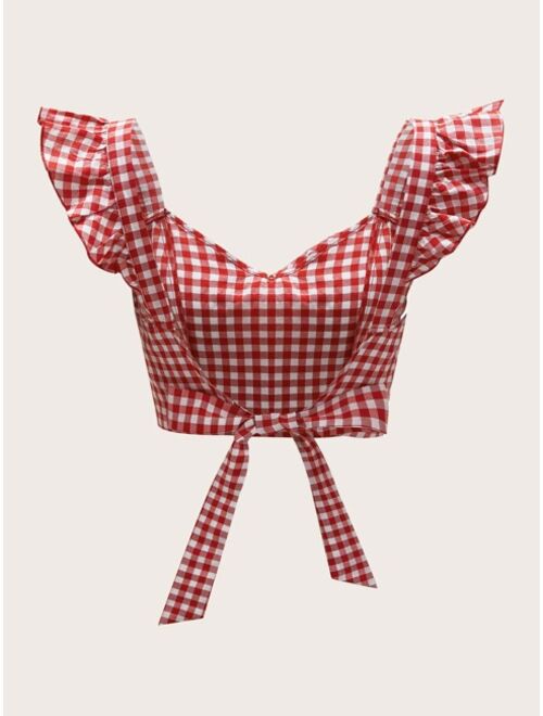 Shein Tie Back Ruffle Strap Gingham Top