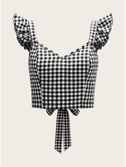 Shein Tie Back Ruffle Strap Gingham Top