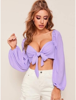 Tie Front Lantern Sleeve Crop Milkmaid Top