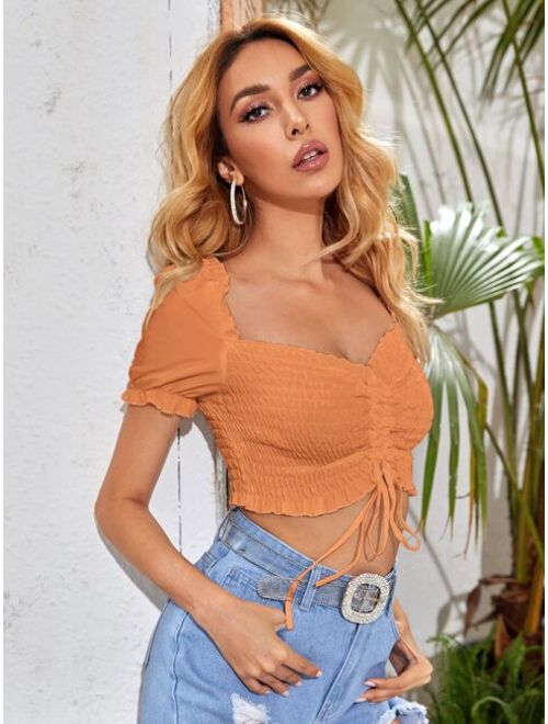 Drawstring Ruched Shirred Crop Milkmaid Top