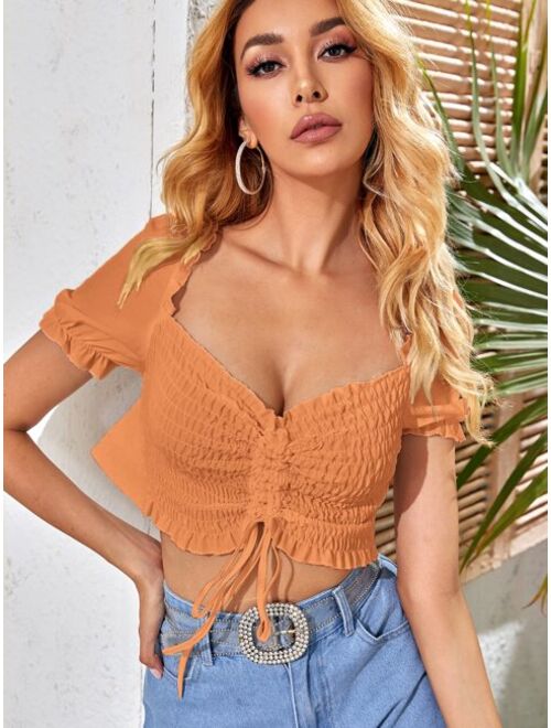 Drawstring Ruched Shirred Crop Milkmaid Top