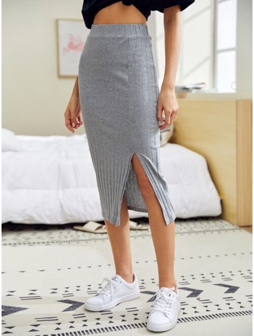 Shein Slit Hem Rib-knit Pencil Skirt