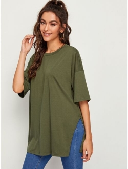 Drop Shoulder Slit Side Longline Tee