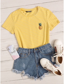 Embroidery Pineapple Striped Tee