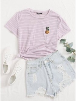 Embroidery Pineapple Striped Tee