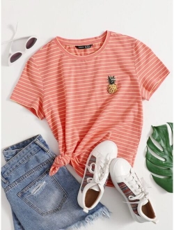 Embroidery Pineapple Striped Tee