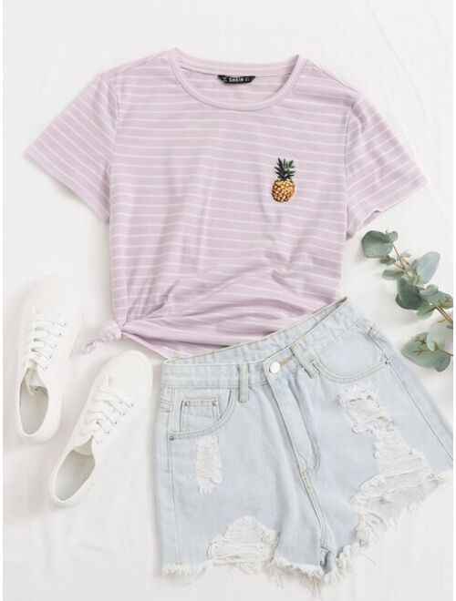 Shein Embroidery Pineapple Striped Tee