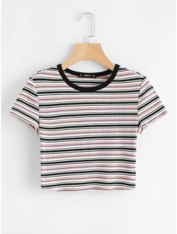 Striped Rib-knit Crop Tee