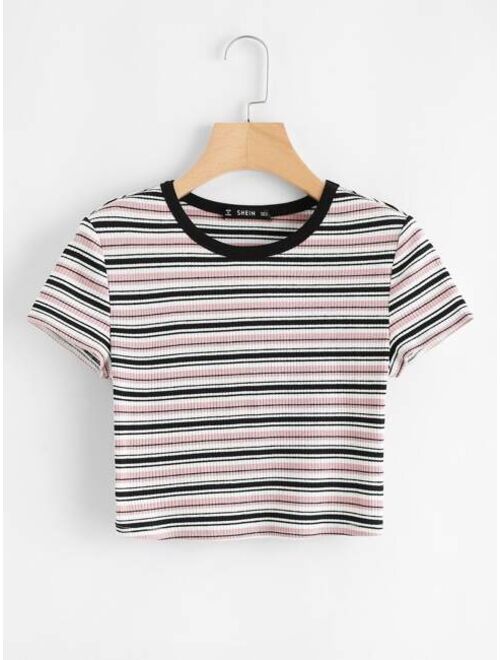 Shein Striped Rib-knit Crop Tee