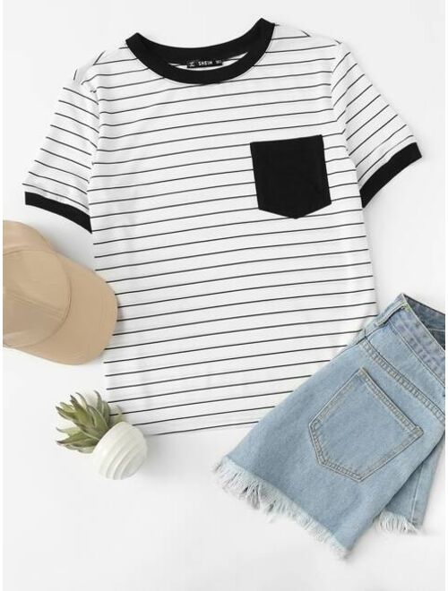 Shein Patch Pocket Striped Ringer Tee